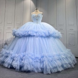 Mumuleo Sky Blue Modern Ball Gown Floor-Length Quinceanera Dresses with Satin Lace Chapel Train and Natural Waist 2026
