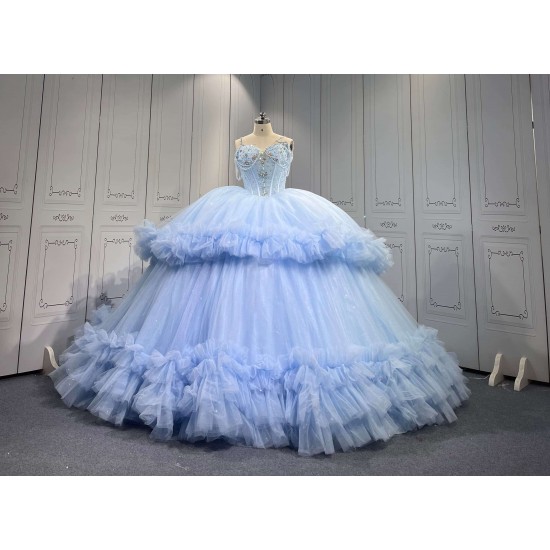 Mumuleo Sky Blue Modern Ball Gown Floor-Length Quinceanera Dresses with Satin Lace Chapel Train and Natural Waist 2026