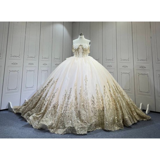 Mumuleo Champagne Quinceanera Floor-Length Ball Gown Chapel Train Modern Satin Lace Print Natural Waist Teenagers Dress 2026