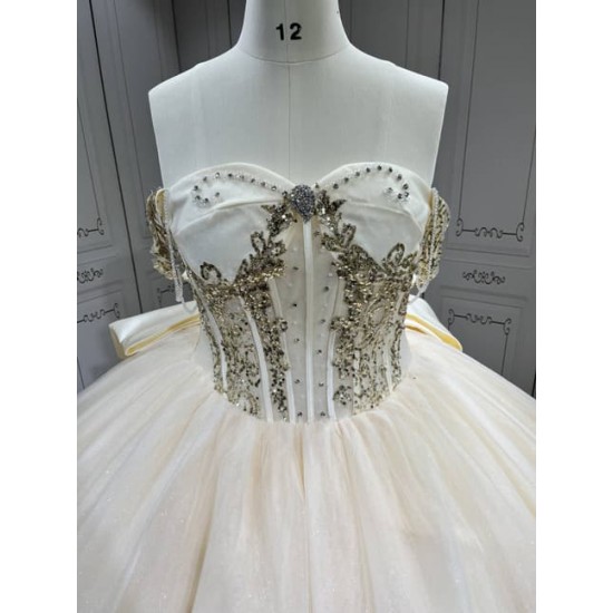 Mumuleo Champagne Quinceanera Floor-Length Ball Gown Chapel Train Modern Satin Lace Print Natural Waist Teenagers Dress 2026