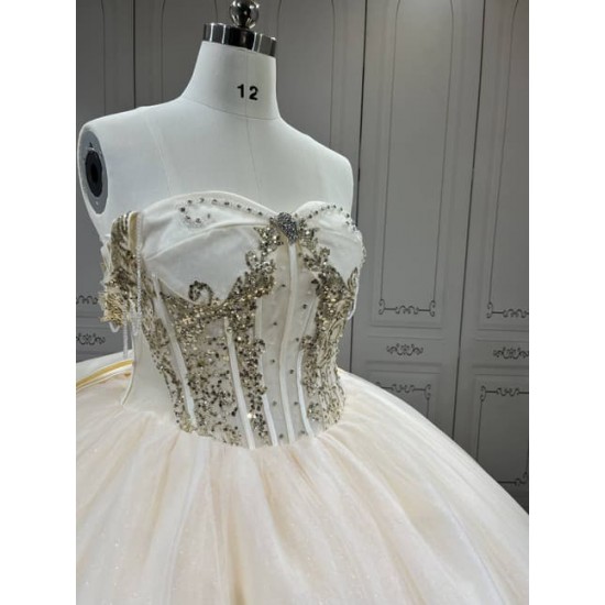 Mumuleo Champagne Quinceanera Floor-Length Ball Gown Chapel Train Modern Satin Lace Print Natural Waist Teenagers Dress 2026
