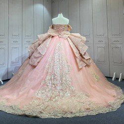 Mumuleo Blush Pink Quinceanera Ball Gown Floor-Length Chapel Train Modern Satin Lace Natural Waist Dress 2026
