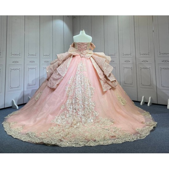 Mumuleo Blush Pink Quinceanera Ball Gown Floor-Length Chapel Train Modern Satin Lace Natural Waist Dress 2026