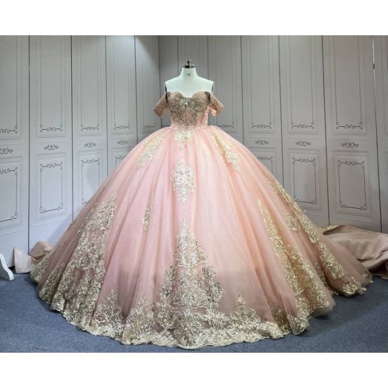 Mumuleo Blush Pink Quinceanera Ball Gown Floor-Length Chapel Train Modern Satin Lace Natural Waist Dress 2026