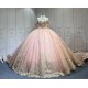Mumuleo Blush Pink Quinceanera Ball Gown Floor-Length Chapel Train Modern Satin Lace Natural Waist Dress 2026