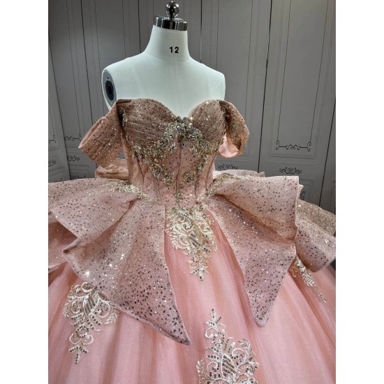 Mumuleo Blush Pink Quinceanera Ball Gown Floor-Length Chapel Train Modern Satin Lace Natural Waist Dress 2026