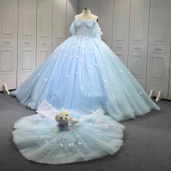Mumuleo Sky Blue Quinceanera Ball Gown Floor-Length Dress with Big Bowtie Chapel Train Modern Satin Lace Design for Teenagers
