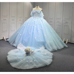 Mumuleo Sky Blue Quinceanera Ball Gown Floor-Length Dress with Big Bowtie Chapel Train Modern Satin Lace Design for Teenagers