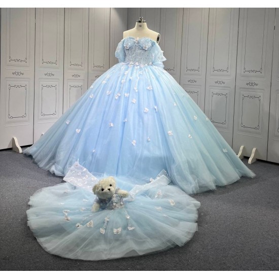 Mumuleo Sky Blue Quinceanera Ball Gown Floor-Length Dress with Big Bowtie Chapel Train Modern Satin Lace Design for Teenagers