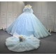 Mumuleo Sky Blue Quinceanera Ball Gown Floor-Length Dress with Big Bowtie Chapel Train Modern Satin Lace Design for Teenagers