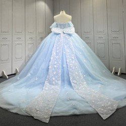 Mumuleo Sky Blue Quinceanera Ball Gown Floor-Length Dress with Big Bowtie Chapel Train Modern Satin Lace Design for Teenagers