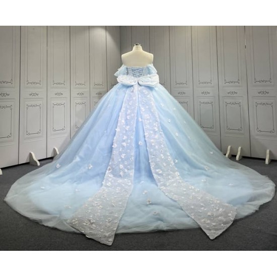 Mumuleo Sky Blue Quinceanera Ball Gown Floor-Length Dress with Big Bowtie Chapel Train Modern Satin Lace Design for Teenagers