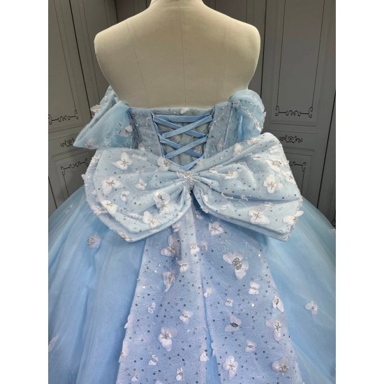 Mumuleo Sky Blue Quinceanera Ball Gown Floor-Length Dress with Big Bowtie Chapel Train Modern Satin Lace Design for Teenagers