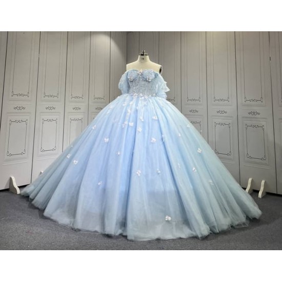 Mumuleo Sky Blue Quinceanera Ball Gown Floor-Length Dress with Big Bowtie Chapel Train Modern Satin Lace Design for Teenagers