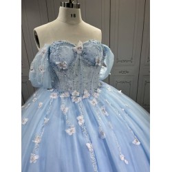 Mumuleo Sky Blue Quinceanera Ball Gown Floor-Length Dress with Big Bowtie Chapel Train Modern Satin Lace Design for Teenagers
