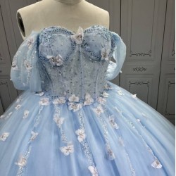 Mumuleo Sky Blue Quinceanera Ball Gown Floor-Length Dress with Big Bowtie Chapel Train Modern Satin Lace Design for Teenagers