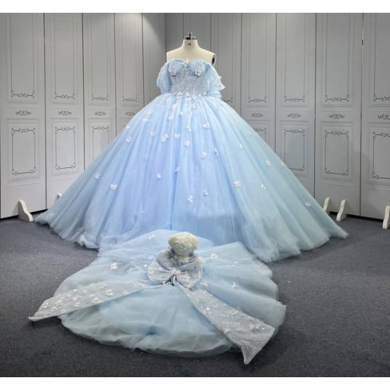 Mumuleo Sky Blue Quinceanera Ball Gown Floor-Length Dress with Big Bowtie Chapel Train Modern Satin Lace Design for Teenagers