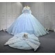Mumuleo Sky Blue Quinceanera Ball Gown Floor-Length Dress with Big Bowtie Chapel Train Modern Satin Lace Design for Teenagers