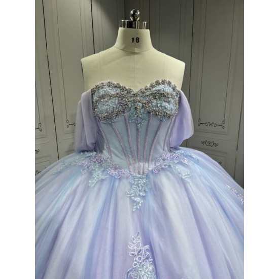 Mumuleo Periwrinkle Quinceanera Ball Gown Floor-Length Modern Satin Chapel Train Lace Print Natural Waist for Teenagers 2026