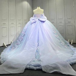 Mumuleo Periwrinkle Quinceanera Ball Gown Floor-Length Modern Satin Chapel Train Lace Print Natural Waist for Teenagers 2026