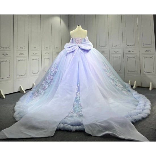 Mumuleo Periwrinkle Quinceanera Ball Gown Floor-Length Modern Satin Chapel Train Lace Print Natural Waist for Teenagers 2026