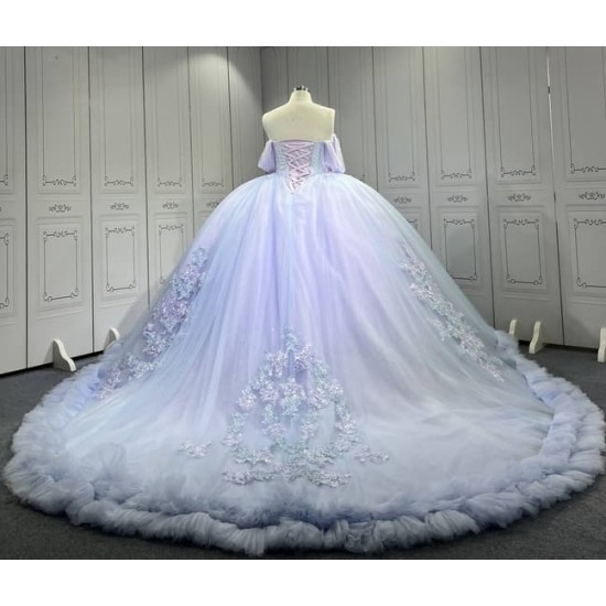 Mumuleo Periwrinkle Quinceanera Ball Gown Floor-Length Modern Satin Chapel Train Lace Print Natural Waist for Teenagers 2026