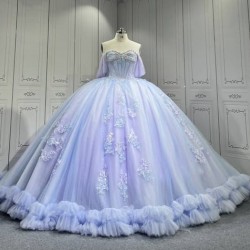 Mumuleo Periwrinkle Quinceanera Ball Gown Floor-Length Modern Satin Chapel Train Lace Print Natural Waist for Teenagers 2026