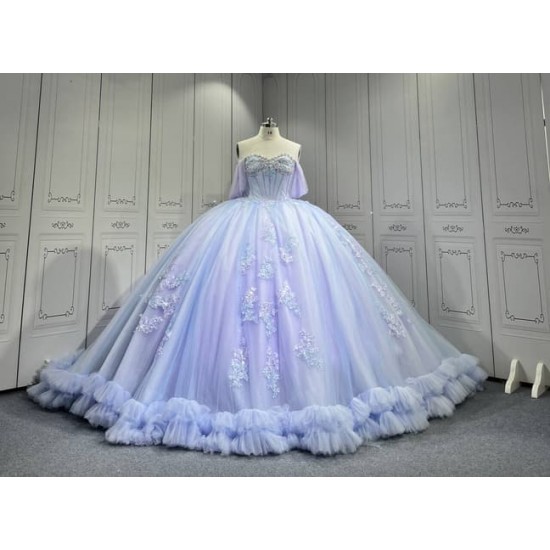 Mumuleo Periwrinkle Quinceanera Ball Gown Floor-Length Modern Satin Chapel Train Lace Print Natural Waist for Teenagers 2026