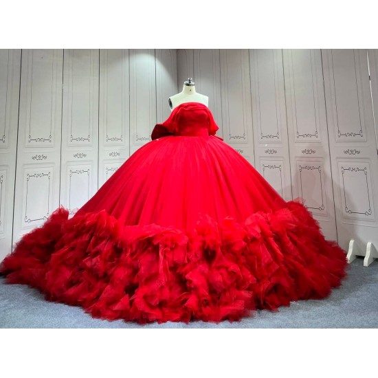 Mumuleo Red Quinceanera Ball Gown Floor-Length Chapel Train Modern Satin Lace Natural Waist Print Teenagers 2026
