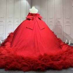Mumuleo Red Quinceanera Ball Gown Floor-Length Chapel Train Modern Satin Lace Natural Waist Print Teenagers 2026