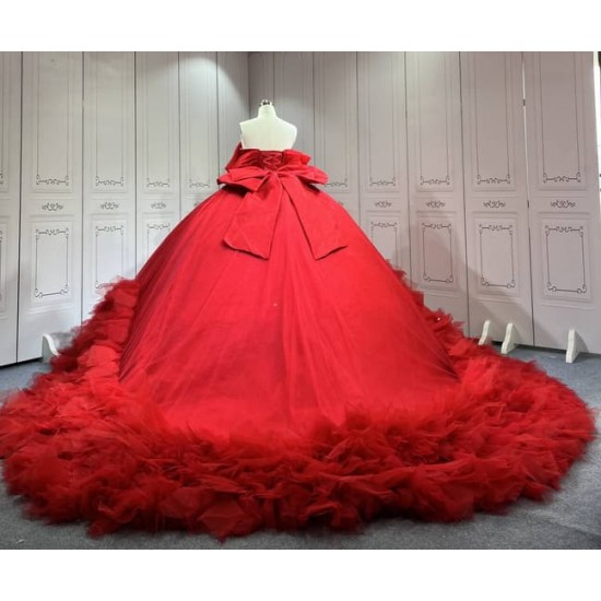 Mumuleo Red Quinceanera Ball Gown Floor-Length Chapel Train Modern Satin Lace Natural Waist Print Teenagers 2026