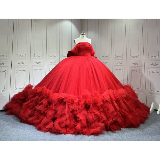 Mumuleo Red Quinceanera Ball Gown Floor-Length Chapel Train Modern Satin Lace Natural Waist Print Teenagers 2026