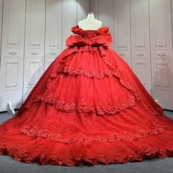Mumuleo Red Ball Gown Floor-Length Quinceanera Dress with Chapel Train Modern Satin Lace Print Natural Waist for Teenagers 2026