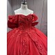 Mumuleo Red Ball Gown Floor-Length Quinceanera Dress with Chapel Train Modern Satin Lace Print Natural Waist for Teenagers 2026