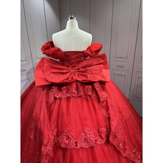 Mumuleo Red Ball Gown Floor-Length Quinceanera Dress with Chapel Train Modern Satin Lace Print Natural Waist for Teenagers 2026