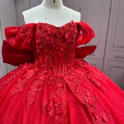 Mumuleo Red Ball Gown Floor-Length Quinceanera Dress with Chapel Train Modern Satin Lace Print Natural Waist for Teenagers 2026