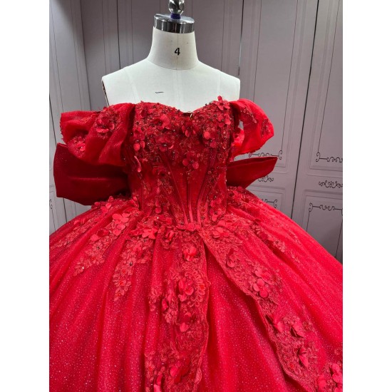 Mumuleo Red Ball Gown Floor-Length Quinceanera Dress with Chapel Train Modern Satin Lace Print Natural Waist for Teenagers 2026