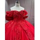Mumuleo Red Ball Gown Floor-Length Quinceanera Dress with Chapel Train Modern Satin Lace Print Natural Waist for Teenagers 2026