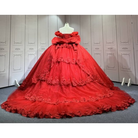 Mumuleo Red Ball Gown Floor-Length Quinceanera Dress with Chapel Train Modern Satin Lace Print Natural Waist for Teenagers 2026