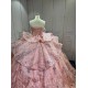 Mumuleo Rose Gold Ball Gown Floor-Length Quinceanera Dress Chapel Train Modern Satin Lace Print Natural Waist for Teenagers 2026