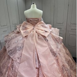 Mumuleo Rose Gold Ball Gown Floor-Length Quinceanera Dress Chapel Train Modern Satin Lace Print Natural Waist for Teenagers 2026