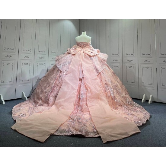 Mumuleo Rose Gold Ball Gown Floor-Length Quinceanera Dress Chapel Train Modern Satin Lace Print Natural Waist for Teenagers 2026