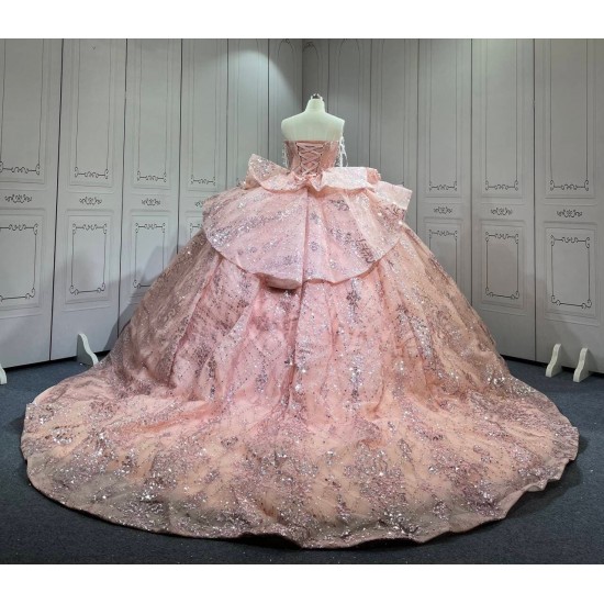 Mumuleo Rose Gold Ball Gown Floor-Length Quinceanera Dress Chapel Train Modern Satin Lace Print Natural Waist for Teenagers 2026