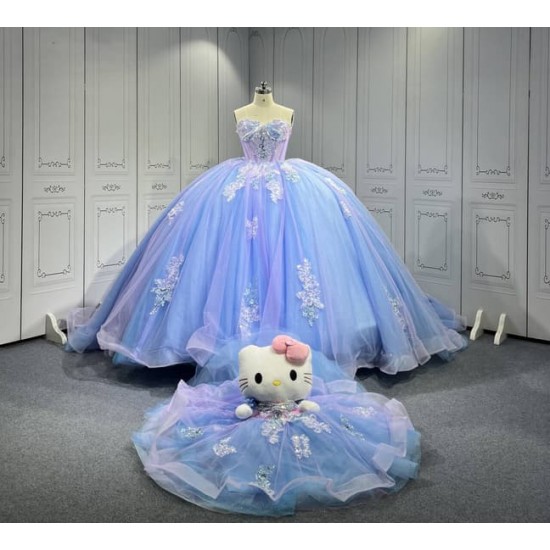 Mumuleo Periwinkle Ball Gown Floor-Length Quinceanera Dress Chapel Modern Satin Lace Print Natural Waist for Teenagers 2026