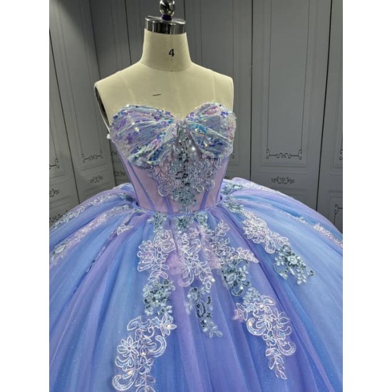 Mumuleo Periwinkle Ball Gown Floor-Length Quinceanera Dress Chapel Modern Satin Lace Print Natural Waist for Teenagers 2026