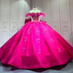 Mumuleo Fuchsia Quinceanera Ball Gown Floor-Length Modern Lace Chapel Train Teenagers Natural Waist Satin Dress 2026