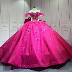 Mumuleo Fuchsia Quinceanera Ball Gown Floor-Length Modern Lace Chapel Train Teenagers Natural Waist Satin Dress 2026