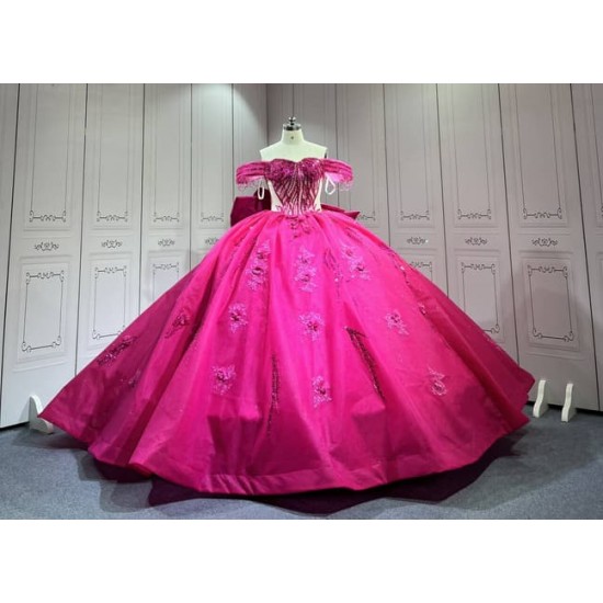Mumuleo Fuchsia Quinceanera Ball Gown Floor-Length Modern Lace Chapel Train Teenagers Natural Waist Satin Dress 2026