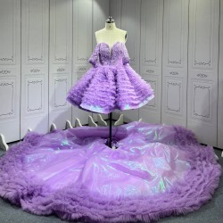 Mumuleo Two in One Lavender Floor-Length Ball Gown Quinceanera Dress Chapel Train Modern Satin Lace Print for Teenagers 2026
