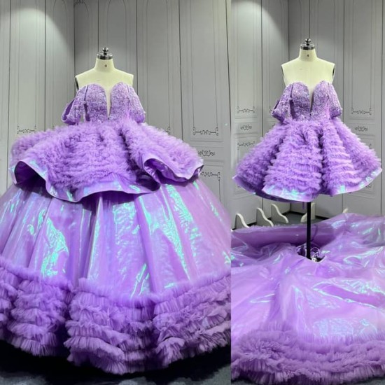 Mumuleo Two in One Lavender Floor-Length Ball Gown Quinceanera Dress Chapel Train Modern Satin Lace Print for Teenagers 2026